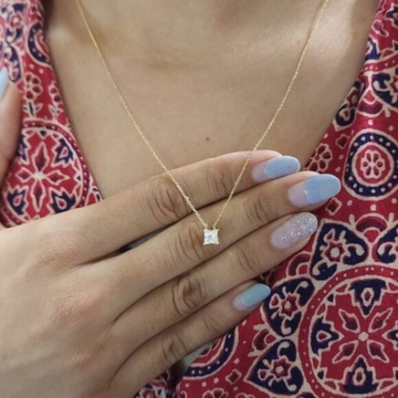 14Kt Gold 1 Ct Lab Grown Princess Cut Diamond Pendant Necklace - Picture 2 of 13